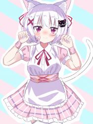 Rule 34 | 1girl, animal ears, ashitaba kemo, bandaid, bandaid on cheek, bandaid on face, blush, breasts, cat ears, cat girl, cat hair ornament, cat tail, closed mouth, collared shirt, commentary request, diagonal stripes, dress shirt, frilled skirt, frills, hair ornament, hair ribbon, hairclip, hands up, highres, medium breasts, nose blush, original, outline, pink skirt, pleated skirt, puffy short sleeves, puffy sleeves, purple eyes, red ribbon, ribbon, shirt, short sleeves, skirt, smile, solo, striped, striped background, tail, thighhighs, white hair, white outline, white shirt, wrist cuffs, x hair ornament