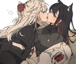 Rule 34 | 2girls, animal ear fluff, animal ear piercing, animal ears, arknights, black hair, black jacket, black shirt, blue eyes, blush, clothes lift, dog tags, ear piercing, extra ears, eye contact, face-to-face, french kiss, from side, fur trim, girl on top, gloves, grabbing another&#039;s hair, hair between eyes, hand under clothes, holding, jacket, jewelry, kiss, lappland (arknights), long hair, long sleeves, looking at another, lying, messy hair, multicolored hair, multiple girls, necklace, on back, open clothes, open jacket, open mouth, piercing, profile, red gloves, red hair, seri (vyrlw), shirt, shirt lift, simple background, sweatdrop, texas (arknights), tongue, tongue out, white background, white hair, white jacket, wolf ears, yellow eyes, yuri