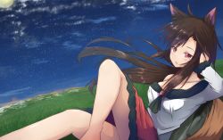 Rule 34 | 1girl, animal ears, arm up, barefoot, blush, breasts, brooch, brown hair, cleavage, cloud, collarbone, expressionless, feet out of frame, fireflies, full moon, grass, hair blowing, hand in own hair, head in hand, head rest, hill, himura 1129, imaizumi kagerou, jewelry, knee up, long hair, long sleeves, looking at viewer, medium breasts, moon, night, night sky, open mouth, outdoors, outstretched leg, reclining, red eyes, red skirt, rock, shirt, sitting, skirt, sky, solo, swept bangs, tail, touhou, very long hair, white shirt, wind, wolf ears, wolf tail