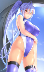 Rule 34 | 1girl, arm under breasts, bare shoulders, blue one-piece swimsuit, blue sky, blue thighhighs, blush, breasts, bukkan, closed mouth, covered navel, day, granblue fantasy, hair between eyes, highleg, highleg swimsuit, highres, hip focus, large breasts, long hair, looking at viewer, one-piece swimsuit, orange eyes, silva (granblue fantasy), silver hair, sky, solo, swimsuit, thighhighs, thighs, very long hair