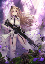 Rule 34 | 1girl, absurdres, blurry, braid, breasts, bridal veil, bride, brown hair, dated, depth of field, dress, flower, garter belt, gun, highres, holding, holding gun, holding weapon, indoors, jii dayday, lace, lace-trimmed legwear, lace trim, large breasts, legs apart, long hair, looking at viewer, original, parted lips, purple eyes, rifle, see-through, sniper rifle, solo, standing, thighhighs, veil, weapon, wedding, wedding dress, white dress, white thighhighs