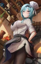 Rule 34 | 1girl, apron, black apron, black hairband, black pantyhose, blue hair, blush, breasts, brown eyes, chef hat, commentary, cowboy shot, dress, eula (genshin impact), eula (pizza hut) (genshin impact), genshin impact, hairband, hat, indoors, ippers, large breasts, long hair, looking at viewer, pantyhose, short sleeves, solo, standing, thighs, tomato, waist apron, white dress