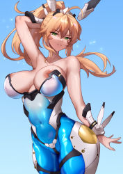 Rule 34 | 1girl, absurdres, ahoge, alternate costume, arm up, artoria pendragon (all), artoria pendragon (fate), artoria pendragon (swimsuit ruler) (fate), bare shoulders, blonde hair, blue background, blue bodysuit, bodysuit, breasts, collarbone, covered navel, fate/grand order, fate (series), green eyes, highres, jingb dx, large breasts, long hair, looking at viewer, nipple slip, nipples, parted lips, ponytail, smile, solo, sweat