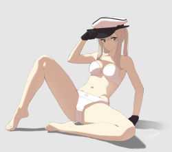Rule 34 | 10s, 1girl, barefoot, blonde hair, blue eyes, bow, bow panties, bra, breasts, cleavage, eight tohyama, feet, full body, gloves, graf zeppelin (kancolle), hand on headwear, hat, kantai collection, long hair, looking at viewer, military hat, panties, shadow, signature, simple background, solo, spread legs, twintails, underwear, underwear only, white bra, white panties