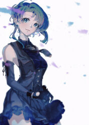 Rule 34 | 1girl, absurdres, aizawa kazuha, assault lily, asymmetrical hair, black gloves, black jacket, black necktie, black skirt, blue eyes, blue hair, blue shirt, blurry, blurry foreground, breasts, collared shirt, cowboy shot, detached sleeves, falling petals, floating hair, frilled skirt, frills, gloves, hair behind ear, hair ornament, hairclip, highres, jacket, jewelry, jiropi, long sleeves, looking at viewer, medium breasts, medium hair, miniskirt, necklace, necktie, official alternate costume, open clothes, open jacket, parted lips, pendant, petals, pleated skirt, shirt, simple background, skirt, sleeveless, sleeveless jacket, sleeveless shirt, smile, solo, underbust, white background