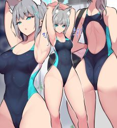 Rule 34 | 1girl, absurdres, animal ear fluff, animal ears, armpits, arms behind head, arms up, black one-piece swimsuit, blue archive, blue eyes, blush, breasts, competition swimsuit, cross hair ornament, extra ears, grey hair, hair ornament, halo, highres, mismatched pupils, multicolored clothes, multicolored swimsuit, nac000, navel, official alternate costume, one-piece swimsuit, open mouth, ponytail, shiroko (blue archive), shiroko (swimsuit) (blue archive), solo, swimsuit, two-tone swimsuit
