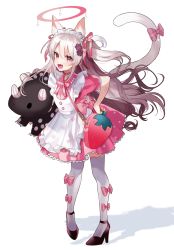 Rule 34 | 1girl, angry, animal ears, apron, bag, black footwear, bow, carrying, carrying under arm, cat ears, cat girl, cat tail, dress, fang, food-themed bag, frilled skirt, frills, frown, full body, hair bow, hair ribbon, halo, hand on own hip, heart, heart print, high heels, highres, long hair, looking at viewer, maid, maid apron, maid headdress, open mouth, original, paw hair ornament, paw print, paw print pattern, pigeon-toed, pink bow, pink dress, pink skirt, pleated skirt, pomu (pomu me), red eyes, revision, ribbon, shoes, short sleeves, simple background, skirt, solo, standing, strawberry bag, stuffed animal, stuffed toy, tail, tail bow, tail ornament, tail raised, thighhighs, two side up, v-shaped eyebrows, very long hair, wavy hair, white background, white thighhighs