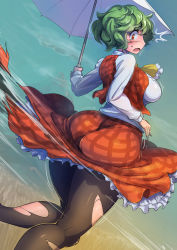 Rule 34 | 1girl, ascot, ass, black legwear, blush, breasts, commentary request, enajii, frilled skirt, frills, green hair, highres, holding, holding umbrella, kazami yuuka, kneepits, large breasts, long sleeves, looking back, motion lines, open mouth, parasol, plaid, plaid skirt, plaid vest, red eyes, short hair, skirt, solo, standing, surprised, sweatdrop, thighs, torn clothes, torn legwear, torn skirt, touhou, umbrella, vest, yellow ascot