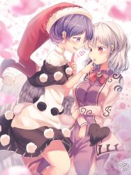 Rule 34 | 2girls, blue hair, blush, bow, bowtie, cat, collared shirt, commentary request, doremy sweet, face-to-face, finger to another&#039;s mouth, finger to mouth, grey hair, grey wings, hat, heart, highres, jacket, kemo chiharu, kishin sagume, looking at another, medium hair, multiple girls, nightcap, pom pom (clothes), profile, red eyes, red headwear, red neckwear, shirt, short hair, signature, single wing, tail, touhou, wings, yuri