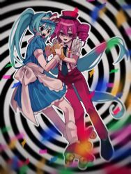 Rule 34 | 2girls, apron, back bow, black eyes, black footwear, black necktie, blue hair, bow, confetti, drill hair, hat, hatsune miku, highres, holding hands, kasane teto, kuso nabang, long hair, looking at viewer, mesmerizer (vocaloid), multiple girls, necktie, open mouth, pants, pink eyes, pink hair, pink hat, pink pants, roller skates, shirt, shoes, sidelocks, skates, smile, striped clothes, striped shirt, twin drills, twintails, utau, very long hair, visor cap, vocaloid, waitress, white apron, white bow, wrist cuffs