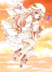 Rule 34 | 1girl, bad id, bad pixiv id, blush, boots, cloud, cloudy sky, commentary request, crystal, dress, dutch angle, feathered wings, highres, hourglass, juliet sleeves, kneehighs, light brown hair, long hair, long sleeves, looking at viewer, looking to the side, midair, original, outdoors, pink footwear, puffy sleeves, purple eyes, sky, sleeves past wrists, socks, solo, sparkle, sunset, tsukiyo (skymint), veil, very long hair, white dress, white socks, white wings, wide sleeves, wings