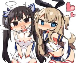 Rule 34 | 2girls, :d, ^^^, armpits, bare shoulders, black bow, black eyes, black hair, black neckerchief, blue eyes, blue sailor collar, blue skirt, blush, bow, breasts, breasts squeezed together, closed mouth, commentary request, cosplay, crop top, crossover, drooling, dungeon ni deai wo motomeru no wa machigatteiru darou ka, elbow gloves, gloves, hair bow, hairband, head tilt, heart, heart-shaped pupils, hestia (danmachi), kanikama, kantai collection, large breasts, long hair, looking at viewer, multiple girls, navel, neckerchief, nose blush, open mouth, pleated skirt, red legwear, rei no himo, sailor collar, school uniform, serafuku, shimakaze (kancolle), shimakaze (kancolle) (cosplay), skirt, smile, striped clothes, striped legwear, striped thighhighs, sweatdrop, symbol-shaped pupils, thighhighs, twintails, two side up, v arms, white gloves