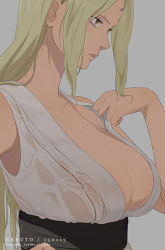 Rule 34 | 1girl, armpits, blonde hair, breasts, cleavage, drawinglee, facial mark, female focus, forehead mark, huge breasts, large breasts, long hair, naruto, naruto (series), sleeveless, solo, tsunade (naruto), upper body, wet, wet clothes, wet hair