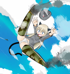 Rule 34 | 00s, 1girl, animal ears, blonde hair, blue eyes, day, hat, helma lennartz, no pants, panties, sky, smoke, solo, strike witches, strike witches: suomus misfits squadron, striker unit, tanaka rikimaru, tears, underwear, white panties, world witches series
