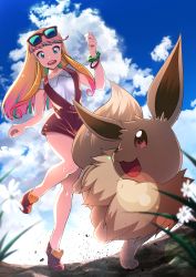 Rule 34 | 1girl, aqua eyes, aqua hair, bad id, bad pixiv id, blonde hair, blue sky, blunt bangs, cloud, creatures (company), day, eevee, flower, full body, furai, game freak, gen 1 pokemon, grass, highres, lipstick, makeup, mascara, multicolored hair, nintendo, open mouth, pink hair, pokemon, pokemon (anime), pokemon (creature), pokemon the movie: the power of us, risa (pokemon), sky, smile, solo focus, two side up