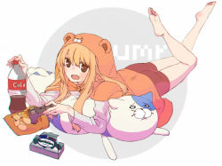 Rule 34 | 10s, 1girl, animal hood, anry (rmrnmrm), ass, barefoot, blush stickers, casual, controller, doma umaru, female focus, hamster costume, himouto! umaru-chan, hood, horts, light brown hair, long hair, looking at viewer, lying, necolumbus, nekoronbusu, on stomach, simple background, solo, stuffed animal, stuffed toy