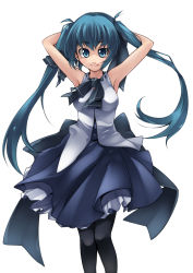 Rule 34 | 1girl, aize, aqua eyes, aqua hair, armpits, arms up, breasts, female focus, original, pantyhose, ribbon, simple background, skirt, smile, solo, twintails