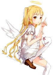 Rule 34 | 1girl, :o, anmi, blonde hair, blush, dress, flat chest, halo, index finger raised, kneehighs, loafers, long hair, original, pleated skirt, ribbon-trimmed legwear, ribbon trim, shoes, short dress, short twintails, simple background, sitting, skirt, socks, solo, thighhighs, third-party edit, twintails, two side up, very long hair, white background, white socks, white theme, white thighhighs, wings, yellow eyes