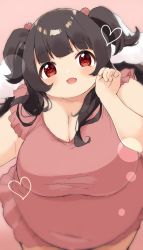Rule 34 | 1girl, arm up, blunt bangs, blush, breasts, brown hair, cleavage, dot nose, dress, fat, frilled dress, frills, hair ornament, hair over breasts, hair over one breast, head tilt, heart, heart-shaped pupils, highres, large breasts, looking at viewer, munimuni kinoko, open mouth, pink background, pink dress, pom pom (clothes), red eyes, shadow, short sleeves, solo, symbol-shaped pupils, tareme, taut clothes, taut dress, thick arms, two side up, upper body, v-neck