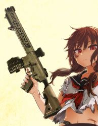 Rule 34 | 1girl, asanagi, brown hair, character request, closed mouth, copyright request, drum magazine, gun, holding, holding gun, holding weapon, injury, looking at viewer, low tied hair, lvoa-c, magazine (weapon), micro aimpoint, navel, neckerchief, red eyes, red neckerchief, rifle, school uniform, serious, solo, torn clothes, trigger discipline, two side up, upper body, weapon, yellow background