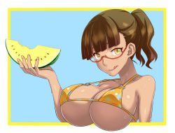 Rule 34 | 1girl, :q, bad id, bad pixiv id, bare shoulders, bikini, breasts, cleavage, floral print, food, fruit, glasses, highres, huge breasts, kamezaemon, looking at viewer, melon, o-ring, o-ring top, original, outside border, ponytail, simple background, skindentation, solo, strap gap, sweat, swimsuit, tongue, tongue out, upper body, wet, yellow bikini, yellow eyes
