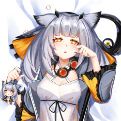 Rule 34 | 1girl, arknights, blush, breasts, cirnos, coat, collarbone, criss-cross halter, dress, grey coat, grey hair, halterneck, lying, medium hair, nipples, on back, on bed, open clothes, open coat, orange eyes, owl ears, parted lips, ptilopsis (arknights), rubbing eyes, see-through, see-through dress, squeans, small breasts, solo, tearing up, upper body, white dress
