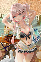 Rule 34 | 1girl, absurdres, animal, armpits, arms up, bandaid, bandaid on shoulder, beach umbrella, bikini, bikini skirt, bikini under clothes, bird, black bikini, blunt bangs, blush, bow, breasts, cherry earrings, cleavage, closed mouth, cowboy shot, cup, day, drink, drinking glass, duck, earrings, food-themed earrings, food themed earrings, hair bun, hair ornament, hair tie, hairclip, highres, ito lab, jewelry, large breasts, layered bikini, long hair, looking away, looking to the side, mouth hold, navel, open clothes, open shirt, original, outdoors, phonograph, pink bikini, polka dot, polka dot bikini, red bow, see-through, shirt, short sleeves, sidelocks, single hair bun, smile, solo, stomach, swimsuit, tying hair, umbrella, unbuttoned, unbuttoned shirt, white shirt, wooden floor, x hair ornament