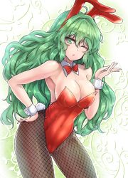 Rule 34 | 1girl, ;o, alternate costume, animal ears, armpits, bare shoulders, blowing kiss, bow, bowtie, breasts, cleavage, contrapposto, covered navel, cowboy shot, detached collar, fake animal ears, fishnet pantyhose, fishnets, green eyes, green hair, hand on own hip, kazami yuuka, kazami yuuka (pc-98), large breasts, leotard, long hair, looking at viewer, one eye closed, pantyhose, parted lips, playboy bunny, rabbit ears, red bow, red bowtie, red leotard, sideboob, solo, standing, touhou, touhou (pc-98), very long hair, wavy hair, wrist cuffs, y2