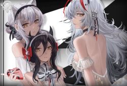 Rule 34 | 3girls, alternate hair length, alternate hairstyle, animal ears, arknights, backless dress, backless outfit, bare back, bare shoulders, black choker, black hair, character request, check character, choker, dress, hair between eyes, highres, holding, ines (arknights), looking at viewer, minos logo, multiple girls, off-shoulder dress, off shoulder, parted lips, pigeon (wejil), profile, schwarz (arknights), short hair, short sleeves, strapless, strapless dress, w (arknights), white dress, white hair, yellow eyes