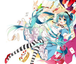 Rule 34 | 1girl, alice (alice in wonderland), alice (alice in wonderland) (cosplay), alice in wonderland, aqua eyes, aqua hair, arm up, blush, cake, card, cosplay, cup, dress, flower, food, hatsune miku, high heels, highres, key, long hair, mary janes, naoto (tulip), open mouth, pantyhose, petticoat, rabbit, red footwear, rose, saucer, shoes, solo, striped clothes, striped pantyhose, teacup, teapot, very long hair, vocaloid, watch