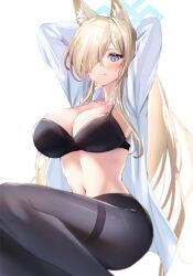 Rule 34 | 1girl, absurdres, animal ear fluff, animal ears, black bra, black pantyhose, blonde hair, blue archive, blue eyes, blue halo, blush, bra, breasts, closed mouth, hair over one eye, halo, highres, kanna (blue archive), large breasts, long hair, long sleeves, looking at viewer, navel, pantyhose, shirt, simple background, solo, underwear, white background, white shirt, yahan (mctr5253)