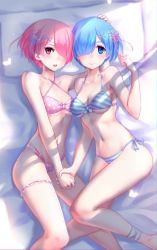 Rule 34 | &gt;:o, 10s, 2girls, :o, alternate costume, bare shoulders, barefoot, bed, bed sheet, bikini, blue eyes, blue hair, breasts, chromatic aberration, cleavage, collarbone, criss-cross halter, cushion, from above, hair ornament, hair over one eye, halterneck, hand on another&#039;s head, highres, holding hands, looking at viewer, lying, medium breasts, midriff, multiple girls, navel, on bed, on side, pink eyes, pink hair, ram (re:zero), re:zero kara hajimeru isekai seikatsu, rem (re:zero), shiny skin, short hair, siblings, side-tie bikini bottom, sisters, skindentation, small breasts, smile, stomach, striped bikini, striped clothes, sunlight, swimsuit, thigh strap, thighs, twins, underboob, v-shaped eyebrows, worst (am-worst), x hair ornament