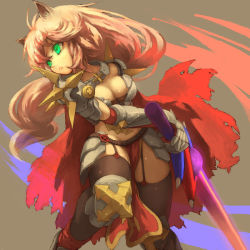 Rule 34 | 1girl, animal ears, armor, bad id, bad pixiv id, breasts, cape, cleavage, cross, garter straps, gauntlets, green eyes, large breasts, loincloth, long hair, lord knight (ragnarok online), osobachan, pink hair, ragnarok online, rune knight (ragnarok online), solo, spikes, sword, thighhighs, weapon