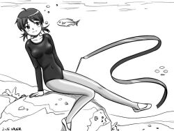 Rule 34 | 1girl, air bubble, breasts, bubble, covered navel, dancer, fish, formal, monochrome, ocean, saver (artbysaver), saver (artist), shoes, suit, twintails, underwater