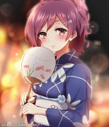 Rule 34 | 1girl, alternate hairstyle, artist name, blurry, blurry background, blush, breasts, brown eyes, closed mouth, dated, floral print, flower, from side, hagikaze (kancolle), hair between eyes, hair flower, hair ornament, hairclip, hand fan, highres, japanese clothes, kantai collection, kimono, long hair, long sleeves, night, nuka (nvkka), obi, official alternate costume, paper fan, pink flower, ponytail, print kimono, purple hair, red eyes, sash, solo, uchiwa