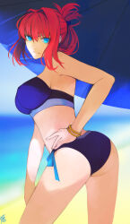 Rule 34 | 1girl, aozaki aoko, ass, beach, bikini, blue bikini, blue eyes, blurry, blurry background, breasts, closed mouth, commentary, hair between eyes, hair intakes, hand on own hip, highres, jewelry, large breasts, looking at viewer, mahou tsukai no yoru, melty blood, melty blood: type lumina, moedredd, official alternate costume, official alternate hairstyle, parasol, sand, signature, smile, solo, swimsuit, tsukihime, tsukihime (remake), umbrella, water