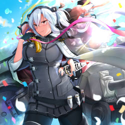 Rule 34 | 1girl, black pantyhose, blue sky, blush, breasts, buttons, cannon, cape, cartridge, cloud, confetti, dark-skinned female, dark skin, day, double-breasted, floating hair, glasses, glint, gloves, grey cape, grey jacket, grey nails, hair ribbon, headgear, highres, holding, jacket, kantai collection, large breasts, light particles, long hair, machinery, miniskirt, musashi (kancolle), musashi kai ni (kancolle), nail polish, outdoors, pantyhose, partially fingerless gloves, red eyes, ribbon, rigging, shell casing, skirt, sky, sleeve cuffs, smokestack, standing, turret, twintails, wind, yunamaro