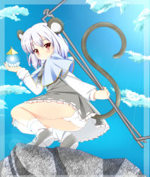 Rule 34 | 1girl, animal ears, bishamonten&#039;s pagoda, blue sky, blush, capelet, cloud, cloudy sky, colorized, dowsing rod, dress, female focus, frilled dress, frills, grey dress, grey footwear, highres, holding, jewelry, long sleeves, mouse ears, mouse tail, nazrin, noumin, panties, pantyshot, pendant, red eyes, shoes, short dress, short hair, silver hair, sitting, skirt, sky, smile, socks, solo, squatting, sunset, tail, touhou, underwear, upskirt, white panties, white socks, zefa (neoaltemice)