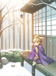 Rule 34 | 1girl, bare tree, bracelet, breath, bush, cape, cold, facing away, headphones, highres, jewelry, lamp, light brown hair, outdoors, outstretched hand, rock, sandals, short hair, sitting, sliding doors, snow, snowing, solo, sword, takatsukasa yue, touhou, toyosatomimi no miko, tree, veranda, weapon, yellow eyes