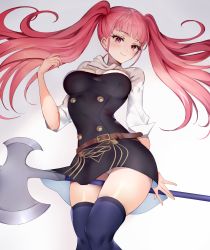 Rule 34 | 1girl, absurdres, axe, between thighs, black thighhighs, blunt bangs, blush, breasts, buttons, cowboy shot, double-breasted, fire emblem, fire emblem: three houses, garreg mach monastery uniform, grey background, highres, hilda valentine goneril, long hair, matching hair/eyes, medium breasts, nintendo, panties, pink eyes, pink hair, simple background, sleeves rolled up, smile, solo, thick thighs, thighhighs, thighs, twintails, underwear, weapon, white background, white panties, yoru (yowuyoru), zettai ryouiki