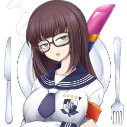 Rule 34 | 1girl, absurdres, armband, atarashii gakkou no leaders, black-framed eyewear, blue neckerchief, blunt bangs, brown hair, commentary request, crossed arms, cup, drinking glass, emblem, fork, glasses, gold trim, green eyes, hashtag-only commentary, head tilt, highres, indie virtual youtuber, kin taron, lipstick, long hair, long sleeves, looking at viewer, makeup, nanae nae, neckerchief, orange armband, otonablue, parted lips, plate, school uniform, serafuku, shirt, simple background, solo, sprout, star (symbol), table knife, virtual youtuber, white background, white shirt, wine glass