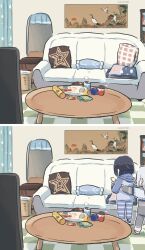 Rule 34 | 2girls, 2koma, carrying, carrying person, cellphone, comic, couch, cushion, genshin impact, hair over one eye, highres, hood, hoodie, hot chocolate, living room, long hair, multiple girls, painting (object), phone, shenhe (genshin impact), smartphone, snack, steam, sweater, table, xinzoruo, yelan (genshin impact)