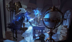 Rule 34 | 1girl, absurdres, armillary sphere, black cape, blue eyes, book, book stack, candlestand, cape, chair, chinese commentary, closed mouth, commentary request, dress, elden ring, extra arms, finger to cheek, fingernails, fire, full body, hat, highres, indoors, long hair, long sleeves, looking ahead, magic, momodacat, one eye closed, ranni the witch, sitting, solo, table, very long hair, weibo logo, weibo watermark, white dress, white hat, window, witch hat