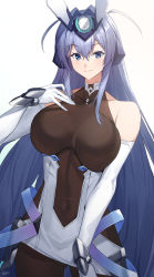 Rule 34 | 1girl, :3, absurdres, azur lane, bare shoulders, blue eyes, blue hair, bodystocking, bodysuit, breasts, closed mouth, clothing cutout, commentary, covered collarbone, covered navel, cowboy shot, dress, elbow gloves, gloves, gluteal fold, hair between eyes, hair intakes, hand on own chest, headgear, highres, impossible bodysuit, impossible clothes, large breasts, long hair, looking at viewer, new jersey (azur lane), raitho, side cutout, sidelocks, signature, simple background, smile, solo, standing, vambraces, very long hair, white background, white dress, white gloves