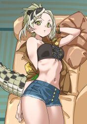 Rule 34 | 1girl, absurdres, black hair, braid, breasts, brown shirt, commentary, couch, crocodilian tail, crown braid, cutoffs, forehead, from above, green eyes, green hair, highres, kemono friends, looking at viewer, lying, medium breasts, midriff, multicolored hair, navel, off shoulder, on couch, parted lips, pillow, ribs, saltwater crocodile (kemono friends), shirt, short shorts, shorts, single bare shoulder, solo, tail, tanabe (fueisei), two-tone hair