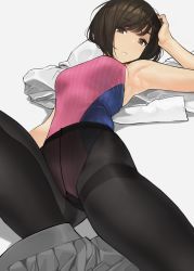 Rule 34 | 1girl, arm at side, arm up, armpits, bare arms, black pantyhose, blue leotard, blue one-piece swimsuit, bob cut, breasts, brown eyes, brown hair, commentary, grey skirt, gusset, half-closed eyes, hand on own head, head tilt, highres, knee up, leg up, leotard, looking at viewer, lying, medium breasts, multicolored leotard, no nose, one-piece swimsuit, original, pantyhose, parted lips, pink leotard, pink one-piece swimsuit, pleated skirt, shirt, unworn shirt, short hair, simple background, skirt, unworn skirt, solo, swimsuit, thighband pantyhose, thighs, white background, white shirt, yomu (sgt epper)