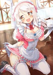 Rule 34 | 1girl, :d, apron, blue panties, blush, breasts, cake, cleavage, cleavage cutout, clothing cutout, cup, curtains, female focus, food, frills, garter straps, gloves, hair ornament, hairclip, highres, large breasts, looking at viewer, maid, maid apron, maid headdress, moe2015, naka akira, open mouth, orange eyes, original, panties, pantyshot, puffy sleeves, short sleeves, sitting, smile, solo, teacup, thighhighs, tray, underwear, waist apron, wariza, white gloves, white hair, white thighhighs, window