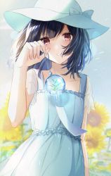 Rule 34 | 1girl, absurdres, black hair, blue dress, blue headwear, bow, commentary request, dress, flower, hair blowing, hat, hat bow, highres, holding, idolmaster, idolmaster shiny colors, lens flare, looking at viewer, medium hair, morino rinze, paper, red eyes, satoimo chika, short sleeves, smile, standing, sun hat, sunflower, wind chime