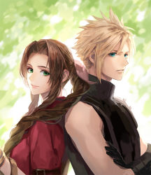 Rule 34 | 11mtri, 1boy, 1girl, aerith gainsborough, armor, back-to-back, blonde hair, blue eyes, bracelet, braid, braided ponytail, brown hair, cloud strife, crossed arms, final fantasy, final fantasy vii, final fantasy vii remake, flower basket, green background, green eyes, hair over shoulder, hair ribbon, jacket, jewelry, parted bangs, parted lips, pink ribbon, red jacket, ribbon, shoulder armor, sidelocks, sleeveless, sleeveless turtleneck, spiked hair, square enix, suspenders, turtleneck, upper body