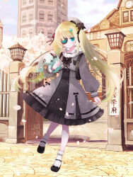 Rule 34 | 1girl, backpack, bag, black bow, black dress, black ribbon, blonde hair, blue eyes, bow, dairoku ryouhei, dress, eyepatch, flower, full body, grey dress, hair flower, hair ornament, hair ribbon, hat, hat bow, highres, holding, holding stuffed toy, long hair, long sleeves, looking at viewer, lucy bluebell, mary janes, outdoors, ribbon, rittz tw, shoes, socks, solo, standing, stuffed toy, twintails, two-tone dress, very long hair, white hat, white socks